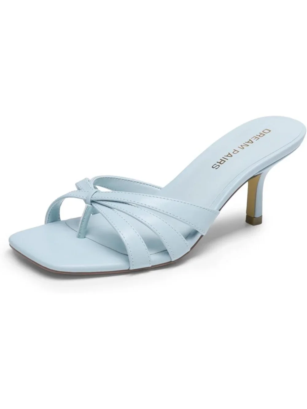 Women's Light Blue Faux Leather Square Open Toe Thong Mules Strappy Kitten Heels